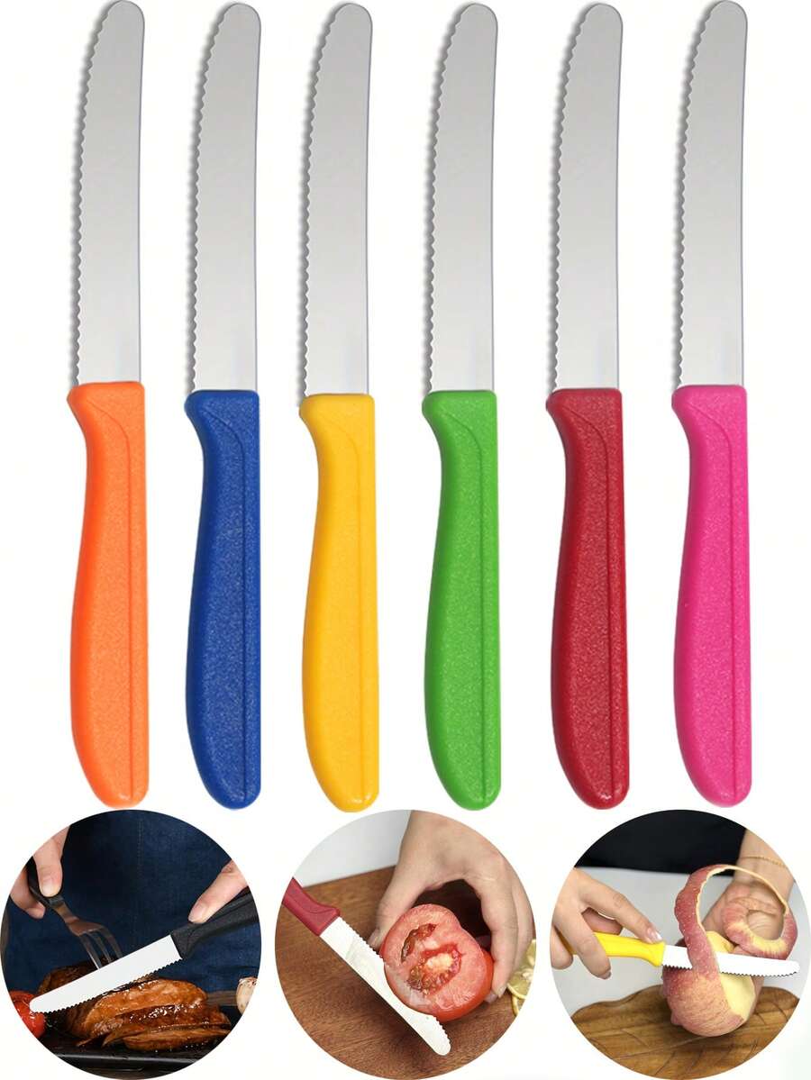 3/6件套刀具套装，包含番茄刀、牛排刀、甜点刀、面包刀、小吃刀、早餐刀，波浪形刀刃，适用于家庭厨房、餐桌、餐厅，亦可作为圣诞礼物、感恩节礼物、新年礼物。 - 彩色 - 查看 1