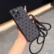 便捷挂绳手机壳，配有可调节挂绳和肩带，简约心形设计，防震TPU保护壳，适用于苹果手机 - 黑色 - 查看 4