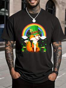 Mens 100% Cotton T-Shirt With Fox Wearing Green Hat & Rainbow Print - Breathable Casual & Halloween Costume Shirt Comfortable Round Neck Regular Fit For Costume Parties & Casual Attire - Playful Fox & Rainbow Design For Male Customers Valentine's Day - Black - View 2