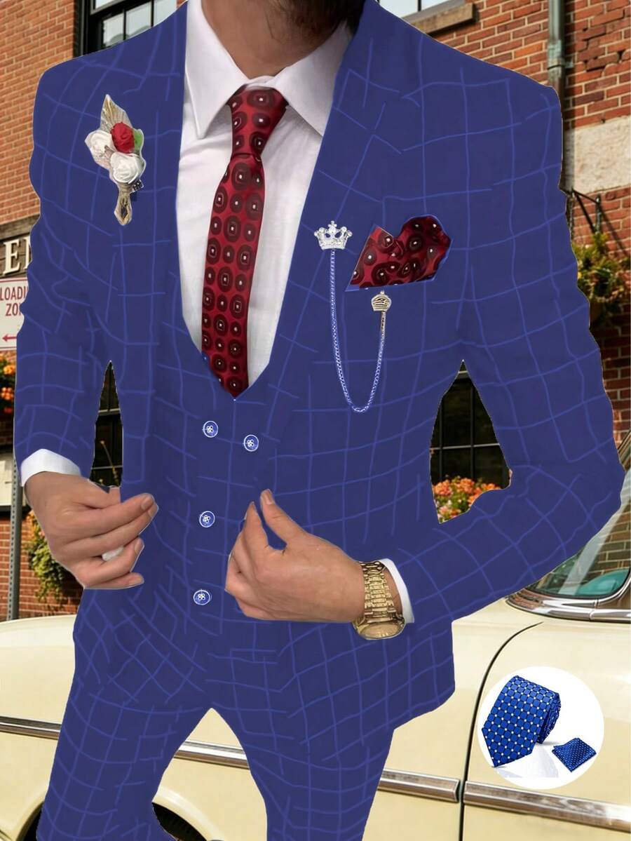 Mens Suit 4 Piece Suit Plaid Double Breasted Formal Business Wedding Prom Suit Male Groom, Blazer+Vest+Pant - Royal Blue with Tie - 查看 1