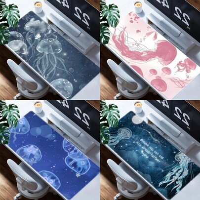 1 件超大蓝色水母游戏鼠标垫 - 加厚防滑可水洗橡胶桌面垫，采用精密锁边工艺，适合游戏玩家和办公使用