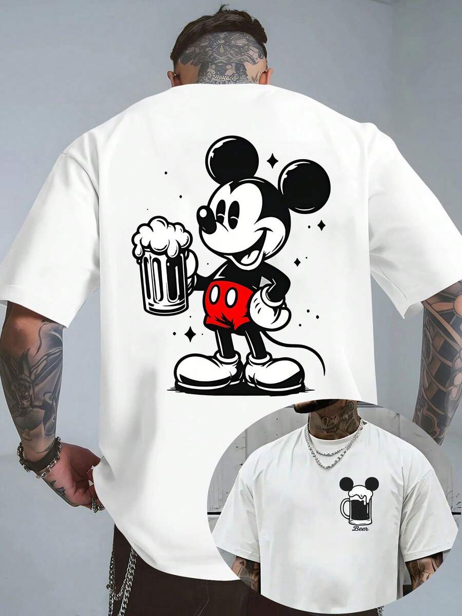 (230 G Pure Cotton T-Shirt)Disney Tshirt,Mickey Mouse, Beer Mug Flowers Graphic Tees ,Street Fashion Casual T-Shirt,100 Percent Cotton.Men's T-Shirt, Men's Casual, Comfortable, Fashionable T-Shirt, Street Style Cotton - 白色 - 查看 1