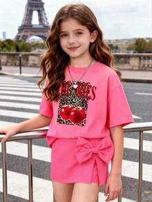 This Casual Outfit Features A Unique Cherry Pattern Design And Includes A Fuchsia Crew Neck T-Shirt And A Fuchsia Culottes - Hot Pink - View 2