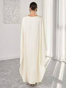 优雅香槟色缎面女士礼服 – 圆领，腰部系带，披肩袖，适合夏季穿着，也适合海滩度假、参加派对、婚礼等场合，是春季女士优雅连衣裙的理想之选。 - 杏色 - 查看 2