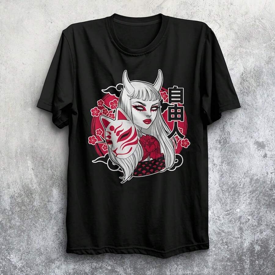 Camisas de ropa urbana japonesa con estética Kitsune, camisas Yokai, ropa grunge, ropa con gráficos, ropa kanji, diseño japonés Oni, Uni - Negro 4 - Ver 1