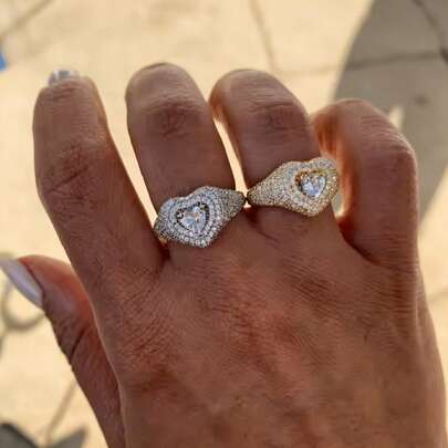 VKHK 1pc Luxurious Copper Plated White Gold Sparkling Cubic Zirconia Heart Shaped Ring, Suitable For Women's Daily And Wedding Wear, Gift