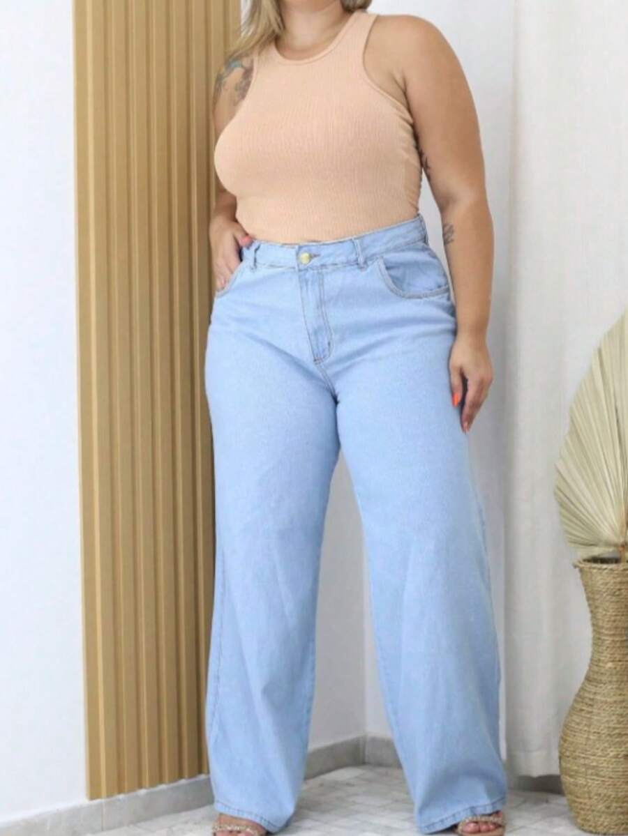Women's Wide Leg Palazzo Jeans Without Lycra, Elegant, Sensual, Casual Plus Size Jeans, 100% Cotton - 淺色水洗藍 - 查看 1