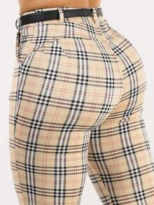 Butt Lift Stretchy Plaid Skinny Ankle Pants Cream - 彩色 - 查看 1