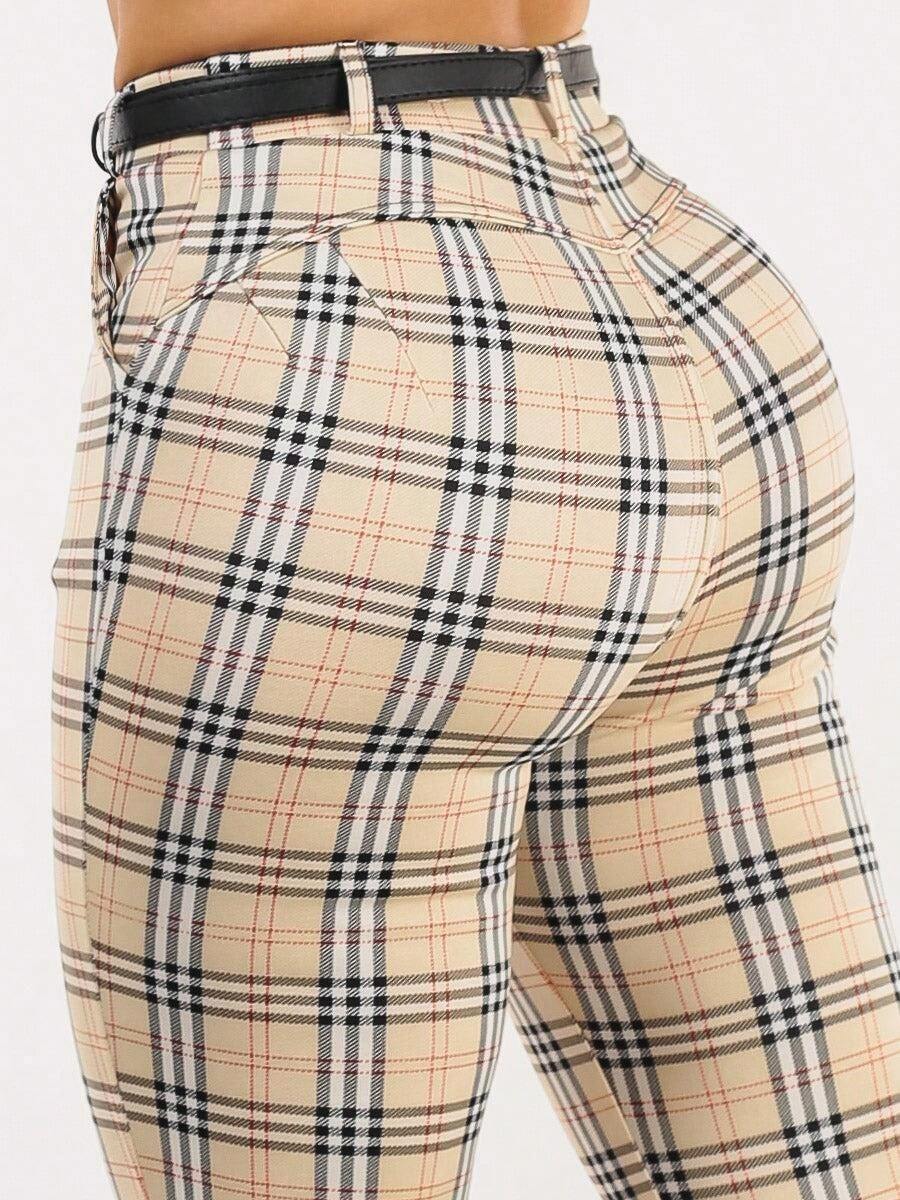Butt Lift Stretchy Plaid Skinny Ankle Pants Cream - 彩色 - 查看 1