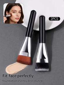 2 piezas Juego de brochas de polvos de dos tonos, brocha plana suave para rubor para una cobertura de maquillaje uniforme y suave, uso diario - Negro - Ver 2