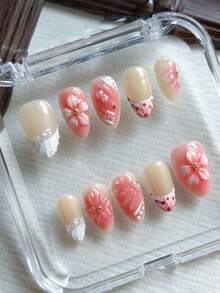 10片手工制作的短款杏仁形美甲贴片，白色贝壳法式贴片，粉色渐变，3D立体花朵雕刻，亚克力假指甲，适合春夏佩戴，日常、度假、旅行和婚礼装饰皆可，包含甲油胶和指甲锉。 - 粉色 - 查看 2