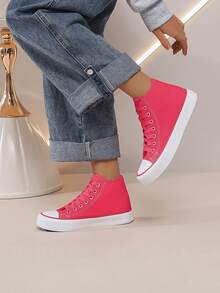 Unisex Simple Fashion Flat Basic Black & White High-Top Canvas Shoes - Dragon Fruit Red - View 5