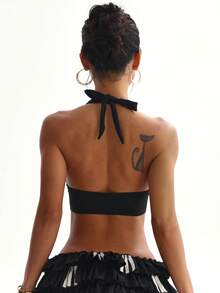 Women's Solid Color Removable Padded Halter Tie Back Sports Bra Spring - Black - View 2
