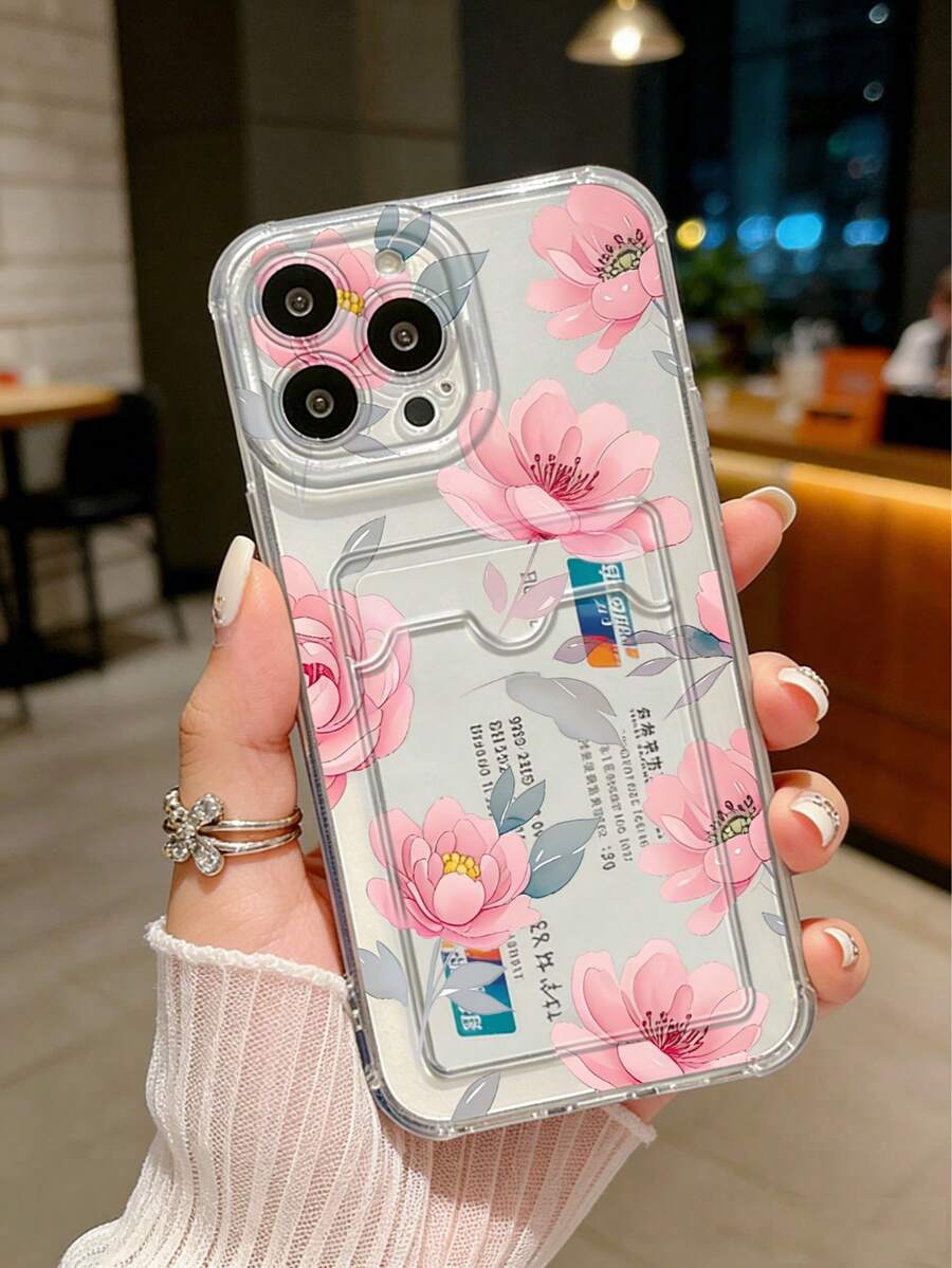 Cardholder Phone Case, Romantic Pink Flower Design Phone Case, Novelty Case Compatible With IPhone - Clear - View 1