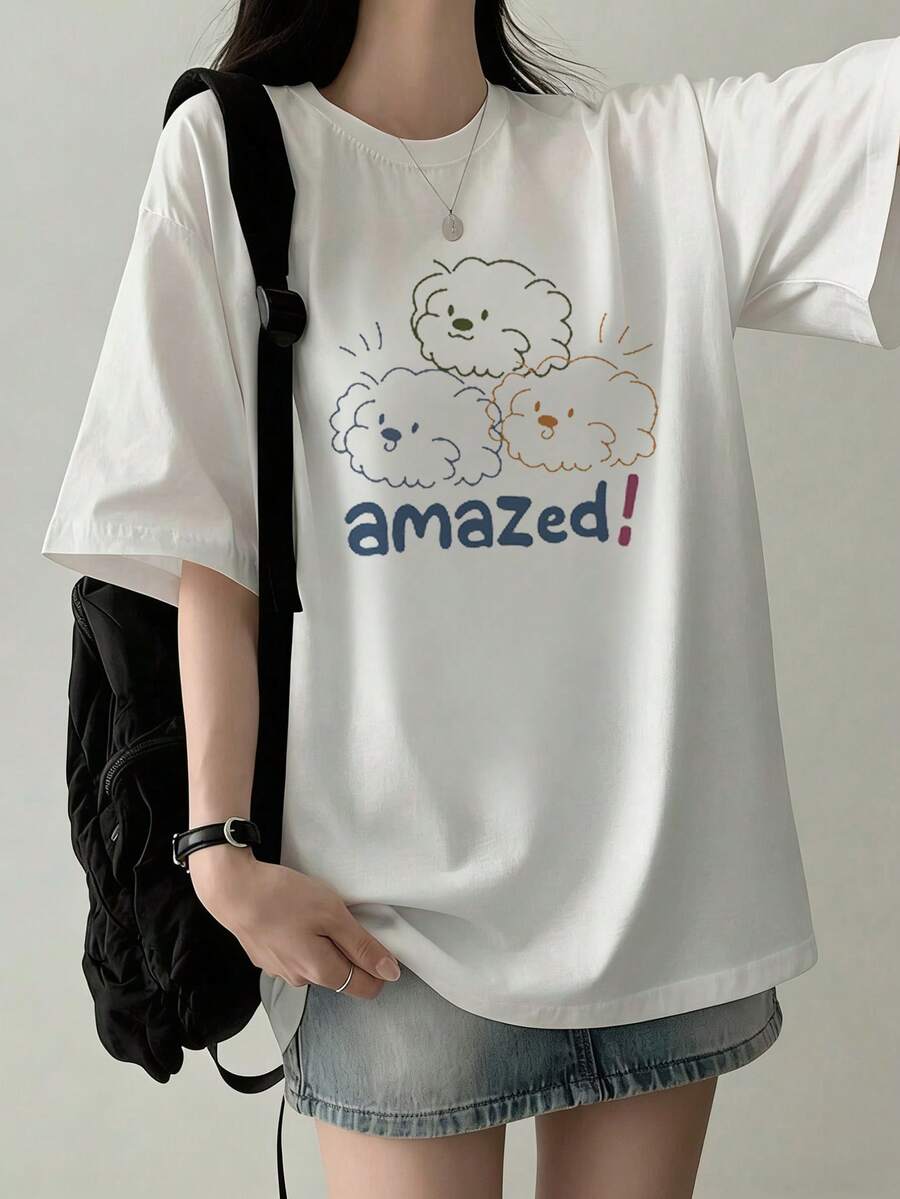 Japanese Style Women's Loose Round Neck Short Sleeve Letter & Cartoon Print T-Shirt, Spring/Summer - White - View 1