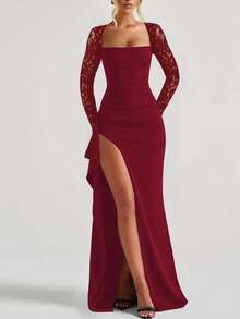 Women's Elegant Lace Slit Sexy Party Nightclub Holiday Wedding Long Dress Spring - Burgundy - View 2
