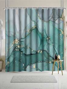 1/4 Piezas Juego de baño con patrón de mármol azul y verde, Cortina de ducha impermeable con 12 ganchos, Alfombra en forma de U, Tapa de inodoro, Alfombra en forma de L, Accesorios de baño, Decoración de baño con estilo - Multicolor - Ver 17