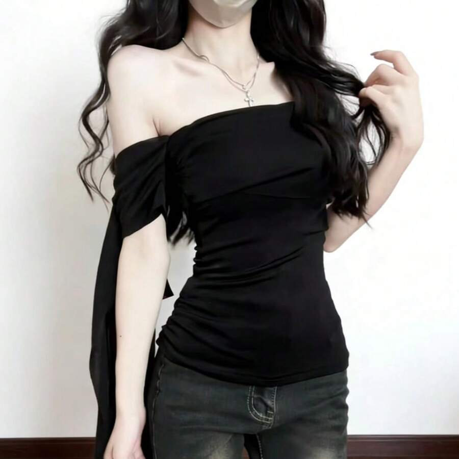 辣妹風露肩蝴蝶結時尚簡約休閒上衣 女款夏季露背百搭短袖純色黑色 - 黑色 - 查看 1