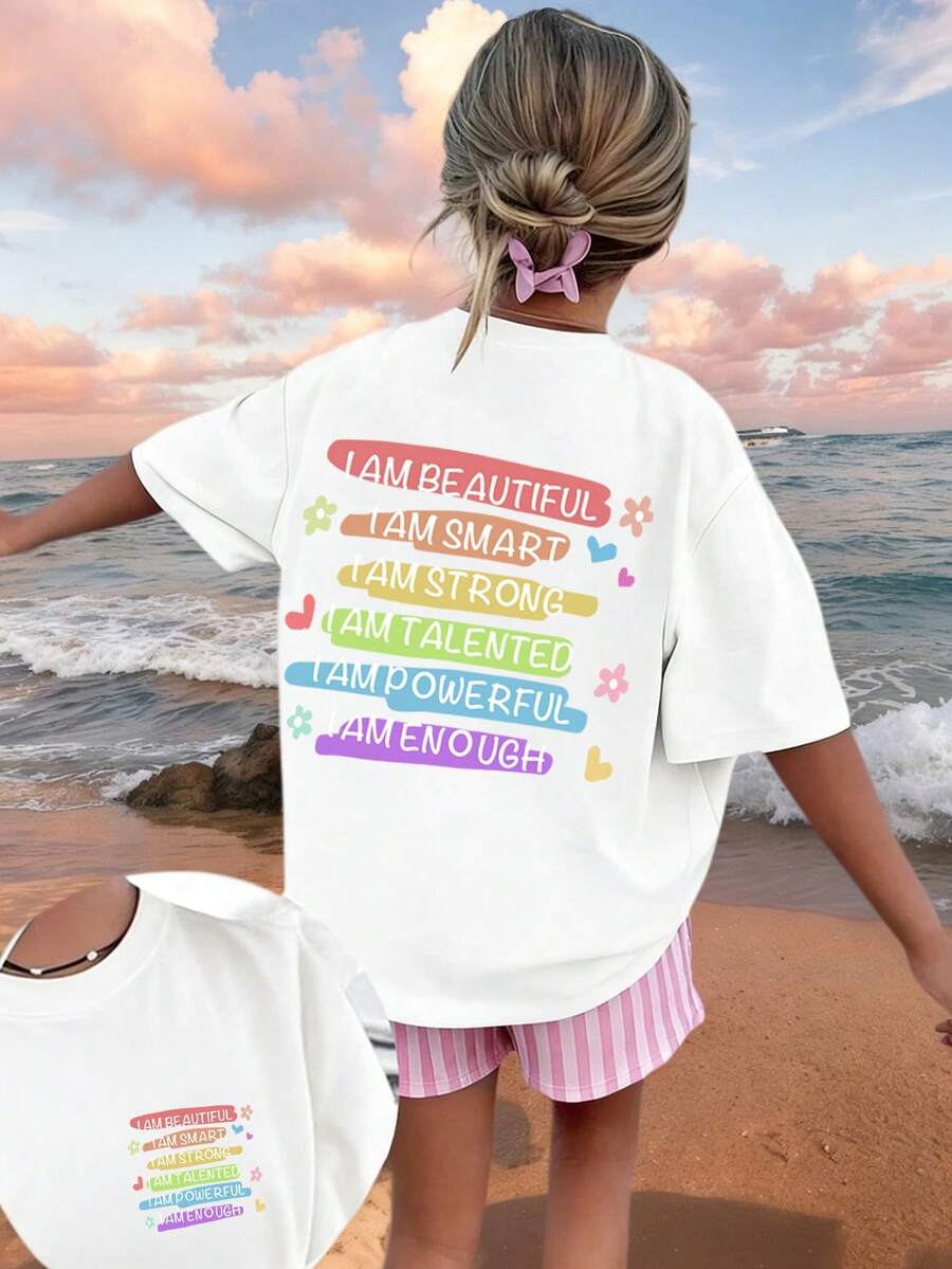 Camiseta de cuello redondo de manga corta con estampado gráfico informal para niñas preadolescentes, top de verano - Blanco - Ver 1