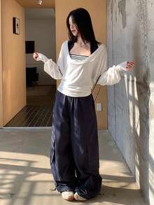 Spring/Summer Navy Blue Loose Straight Leg Casual Pants, Drawstring Waist, Wide Leg, Slimming Pockets, Sports Utility Trousers Winter - Navy Blue - View 2