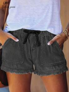 Pantalones cortos de mezclilla casuales y holgados con bolsillos y dobladillo deshilachado para mujer de talla grande en verano - Gris - Ver 3