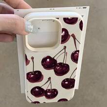 1pc Wine Red Cherry UV Printed Pattern Design Leather Texture Phone Case - Antique White - View 2