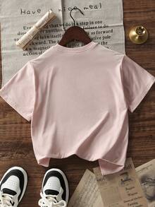 少女休闲印花圆领短袖T恤，夏季上衣 - 粉色 - 查看 4