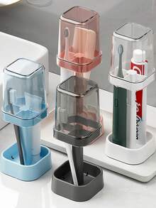 Adjustable Height Toothbrush Cup With Dust Cover, Bathroom Rinse Cup With Drainage And Storage Function, Suitable For Toothpaste, Electric Toothbrush, Bathroom, Kitchen, School, Unisex - Divided - View 2