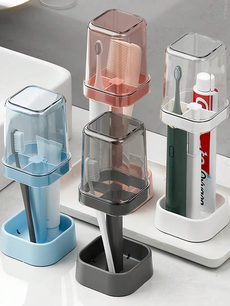 Adjustable Height Toothbrush Cup With Dust Cover, Bathroom Rinse Cup With Drainage And Storage Function, Suitable For Toothpaste, Electric Toothbrush, Bathroom, Kitchen, School, Unisex