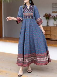 波西米亚风休闲刺绣复古长裙，适合度假和春季旅行 - 藏蓝色 - 查看 5