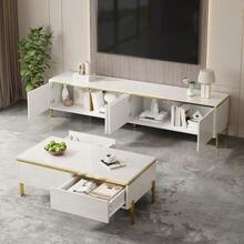 Moderno conjunto de mueble de TV y mesa de centro de lujo, superficie de color sólido de alto brillo, bordes dorados, generoso espacio de almacenamiento. - Blanco - Ver 5