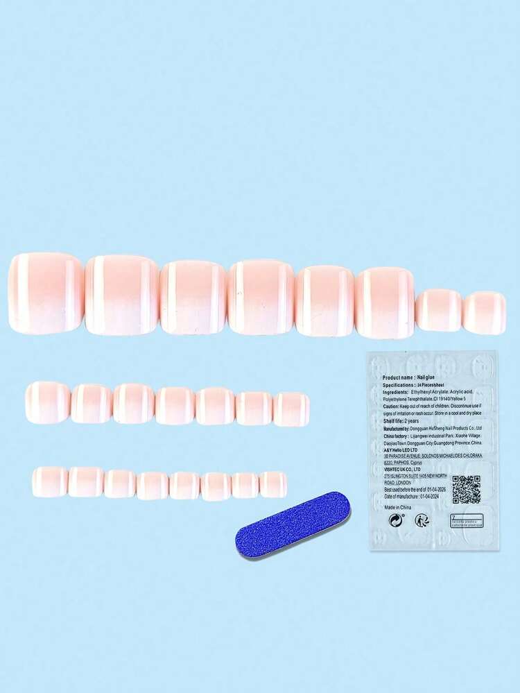 24 Pieces Of Gradient Acrylic Manicure Patches For Short Square Toenails, Simple And Fashionable Push-On Nails, Including 1 Piece Of Jelly Glue And 1 Nail File, Suitable For Parties, Events, And Daily Wear. Suitable For Women And Girls. Includes Manicure Tools. Shapeable Manicure Set - Baby Pink - View 2