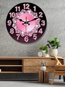 1pc Pink Diamond & Pearl Holographic Luxury Silent Wall Clock - Suitable For Home & Office, New Year & Valentine's Day Gift - Wooden Frame, 2D Flat Design - Multicolor - View 3