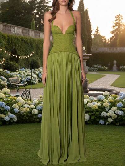 Vestido largo y ajustado con tirantes finos elegante y sexy, vestido de encaje verde con volantes y espalda descubierta, adecuado para salidas, fiestas de cóctel y eventos formales