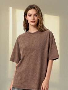 Effortless Style Women's Brown Washed Effect Casual Longline Cotton Tee Shirt With Crew Neck And Drop Shoulder Short Sleeves - 摩卡棕 - 查看 1