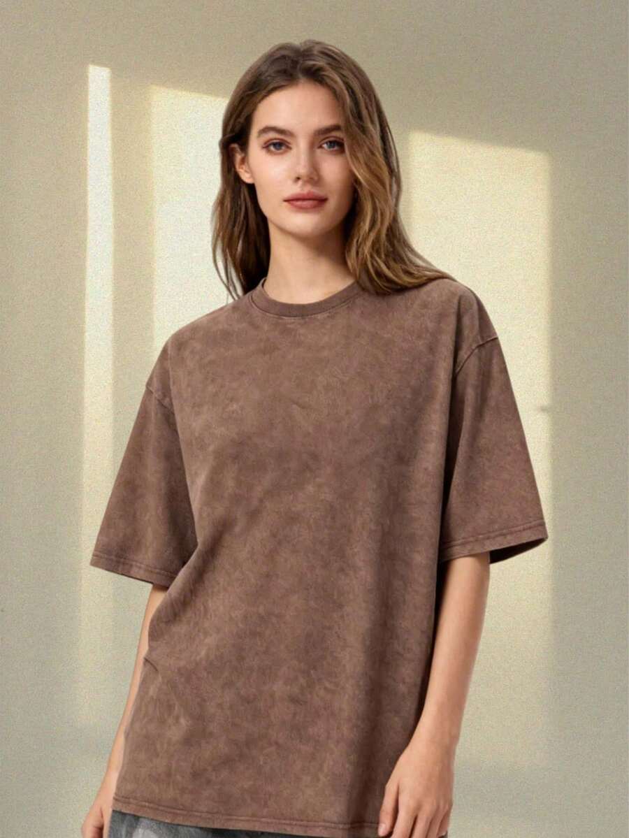 Effortless Style Women's Brown Washed Effect Casual Longline Cotton Tee Shirt With Crew Neck And Drop Shoulder Short Sleeves - 摩卡棕 - 查看 1