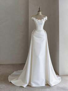 Beautiful Off-Shoulder Short Sleeve Backless A-Line Bridal Gown – Shiny Satin Dress With Bare Back And Flowing A-Line Silhouette, Designed For Weddings, Christmas Celebrations, Halloween Festivities, Prom Events, Birthday Parties, And Nighttime Galas. Suitable For Ceremonies, Festive Occasions, Bridal Showers, Holiday Vacations, Formal Dinners, Graduation Balls, Homecoming Parties, Cocktail Receptions, And Wedding Guest Functions. - trắng - Xem 1