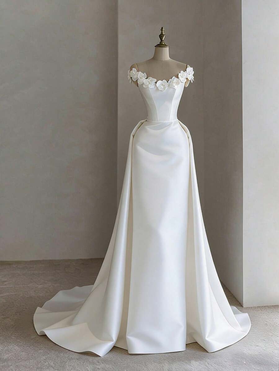 Beautiful Off-Shoulder Short Sleeve Backless A-Line Bridal Gown – Shiny Satin Dress With Bare Back And Flowing A-Line Silhouette, Designed For Weddings, Christmas Celebrations, Halloween Festivities, Prom Events, Birthday Parties, And Nighttime Galas. Suitable For Ceremonies, Festive Occasions, Bridal Showers, Holiday Vacations, Formal Dinners, Graduation Balls, Homecoming Parties, Cocktail Receptions, And Wedding Guest Functions. - trắng - Xem 1