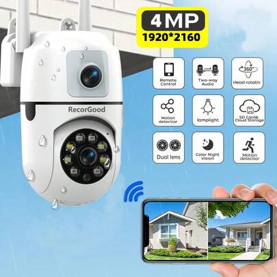 RecorGood 2K All-In-One Security Camera - Dual Lens Color Night Vision + PTZ Rotating Zoom, AI Precise Motion Detection + Siren Alarm + One-Key Expel, 2.4GHz WiFi Wireless Connection, Two-Way Audio + Multi-User Sharing, Supports Micro SD Card/Cloud Storage + Playback + Multi-Screen, Real-Time Alarm Push In App - Suitable As Gift For Thanksgiving/Christmas/Valentine''s Day And Other Major Holidays