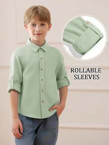 2026 Boys Linen Button Down Shirt Kids Long Sleeve Tops With Chest Pocket Casual Dress Shirt 5-14 Years - Light Green - View 4