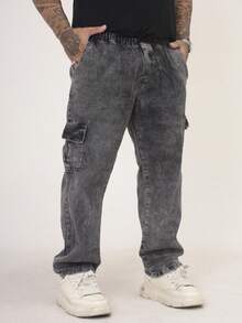 Calça Cargo Masculina Jeans, Modelagem Oversized Confortável Casual com 6 bolsos Estilo Skate - Preto Marmorizada - Visão 10