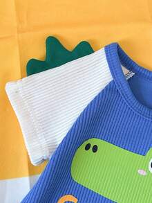 时尚男婴服装，婴儿圆领鳄鱼纹宽松短袖时尚设计男婴连体衣 - 藍色 - 查看 6