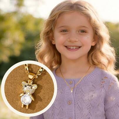 1件铜镶嵌锆石可爱俏皮摆动四肢小熊吊坠项链，适合女孩/男孩/家人/朋友，多功能，奢华，适合派对、宴会、节日、圣诞节、感恩节、万圣节等场合，可作礼物