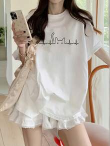 Women's Loose Round Neck Short Sleeve Cartoon Cat Print T-Shirt, Spring/Summer - White - View 2