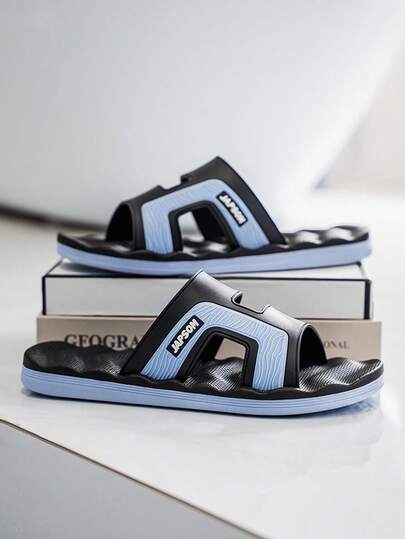 Men's Black & Blue Fashionable Colorblock Slippers, Lightweight Non-Slip Breathable Comfortable Casual Slippers, Minimalist Versatile Daily Wear For Spring & Summer