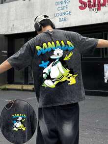 Disney Printed Wash Water T-Shirt,Men's Funny Donald Ducke Graphic T-Shirt,Unisex,High-Quality Pure Cotton T-Shirt,Suitable For All Seasons, Comfortable And Breathable| Exquisite Design | The Best Choice For Giving Gifts - 黑色 - 查看 1