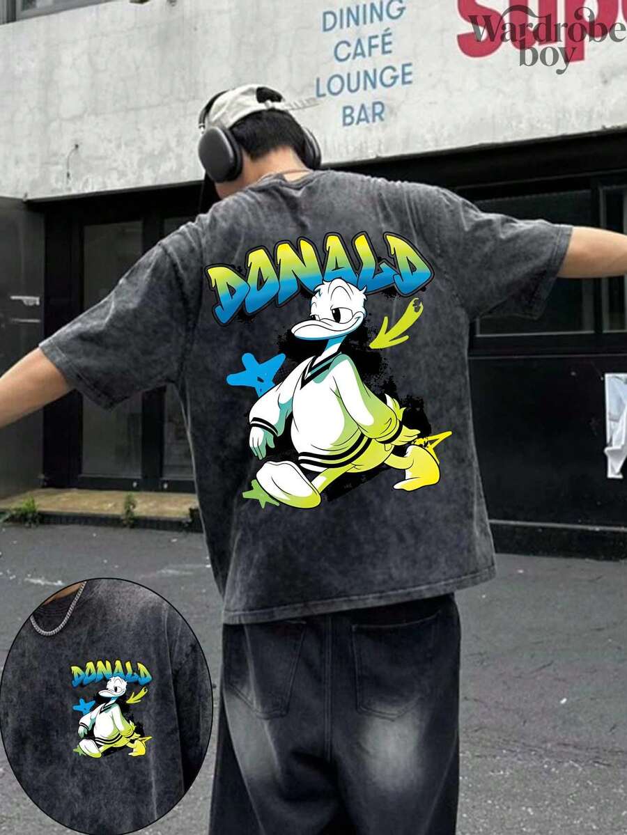Disney Printed Wash Water T-Shirt,Men's Funny Donald Ducke Graphic T-Shirt,Unisex,High-Quality Pure Cotton T-Shirt,Suitable For All Seasons, Comfortable And Breathable| Exquisite Design | The Best Choice For Giving Gifts - 黑色 - 查看 1
