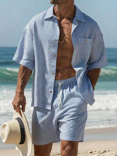 Conjunto de camisa y pantalón corto de verano para hombre, de estilo casual y vintage con rayas en el cuello, abotonado completo, adecuado para usar en casa, salidas y vacaciones