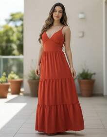 Women's Duna Ruffled Maxi Dress With Built-In Bra - Elegance, Lightness And Perfect Drape. - 紅陶 - 查看 3