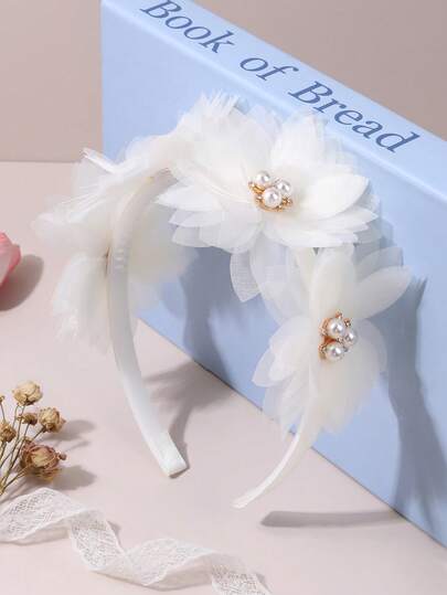 1pc Beige Mesh Headband For Girls Flower Shaped Hairband Glossy Faux Pearl Hair Hoop Elegant Headwear Wedding Daily Party Headdress Teens Hair Accessories
